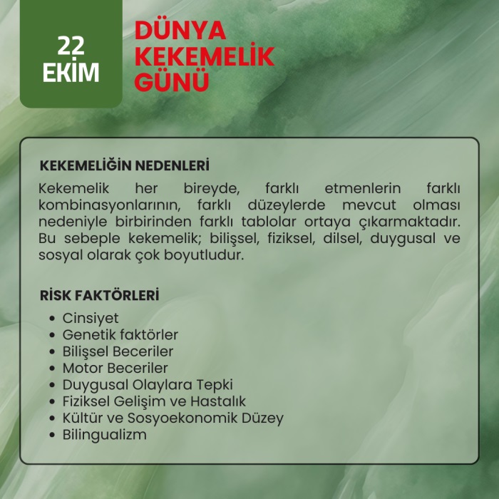 KEKEMELİK NEDENLERİ - Kekemelik her bireyde, farklı etmenlerin farklı kombinasyonlarının, farklı düzeylerde mevcut olması nedeniyle birbirinden farklı tablolar ortaya çıkarmaktadır. Bu sebeple kekemelik; bilişsel, fiziksel, dilsel, duygusal ve sosyal olarak çok boyutludur.