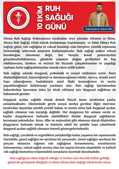 10 EKİM DÜNYA RUH SAĞLIĞI GÜNÜ